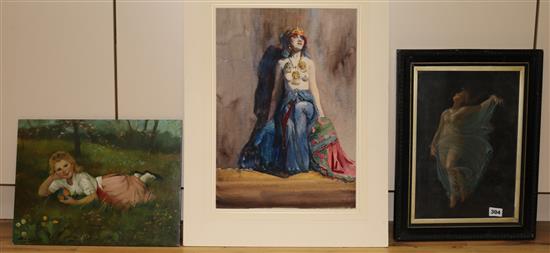 An oil on board of a young girl, another of a nude and a watercolour of an Egyptian Queen signed William Monk R.E.